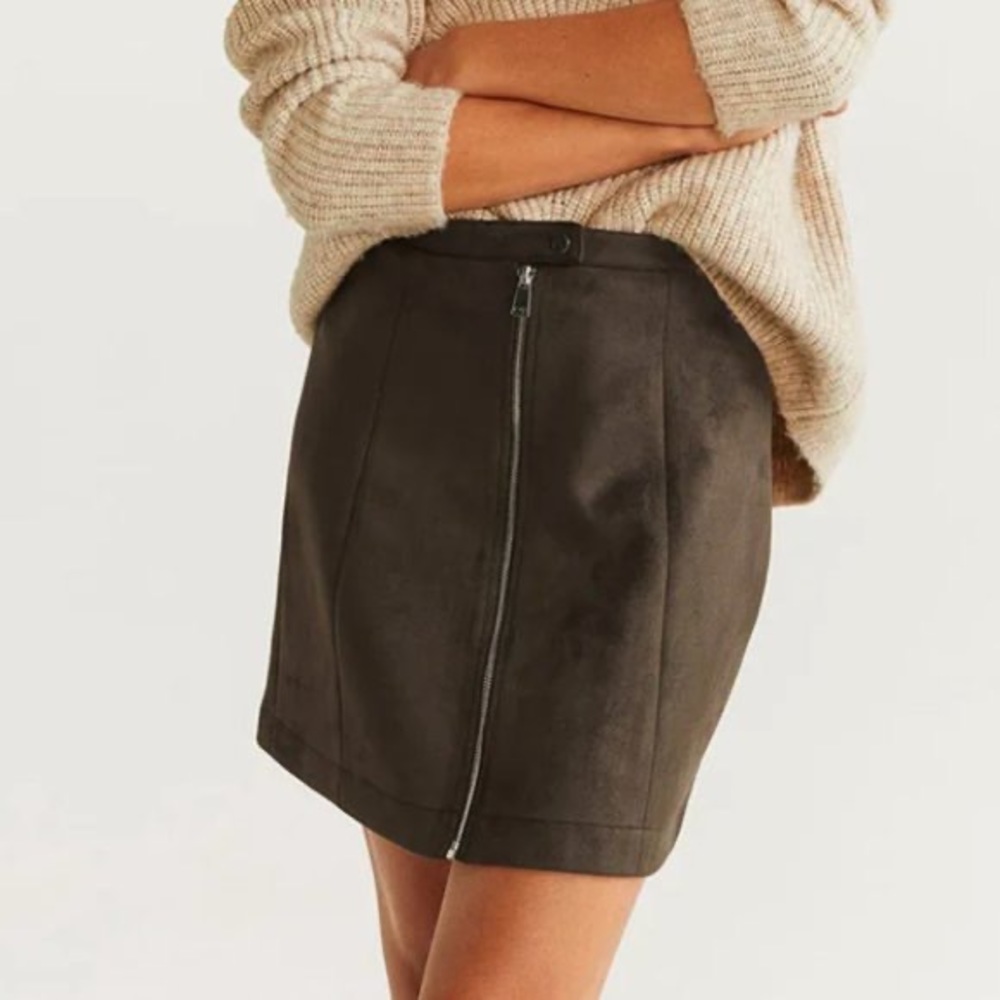Mango Zip-Front A-Line Mini Skirt in Brown Suede - EUR M / USA S